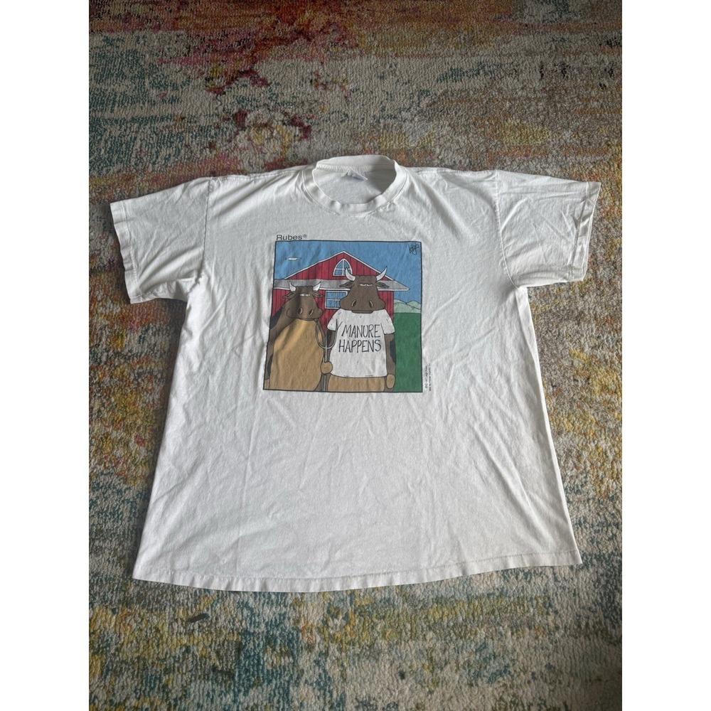 Vintage 90s Rubes Comic Funny T-Shirt Size XL Cows Manure Happens Humor Art‎